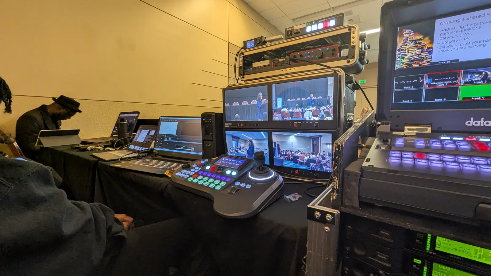 Datavideo vision mixer and multiview monitors at the conference control position