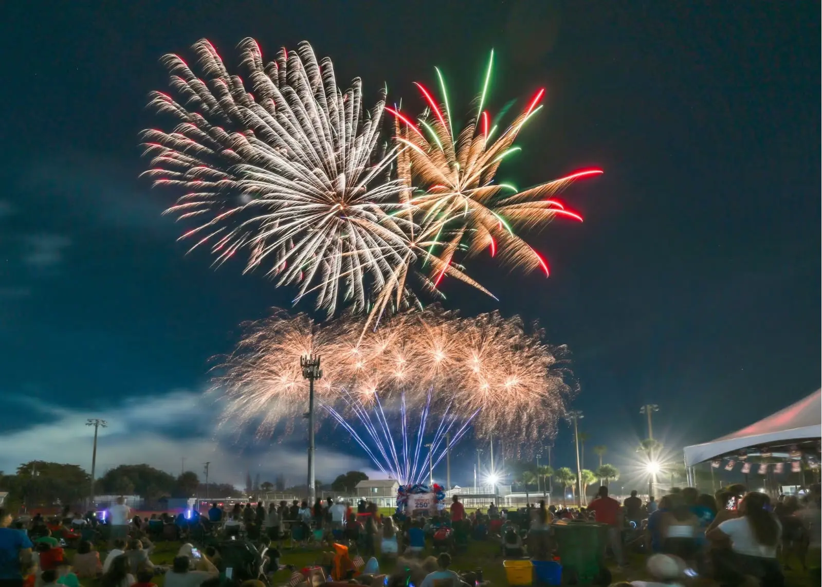 Cascading grand fireworks finale over the Village of Palm Springs Municipal Complex