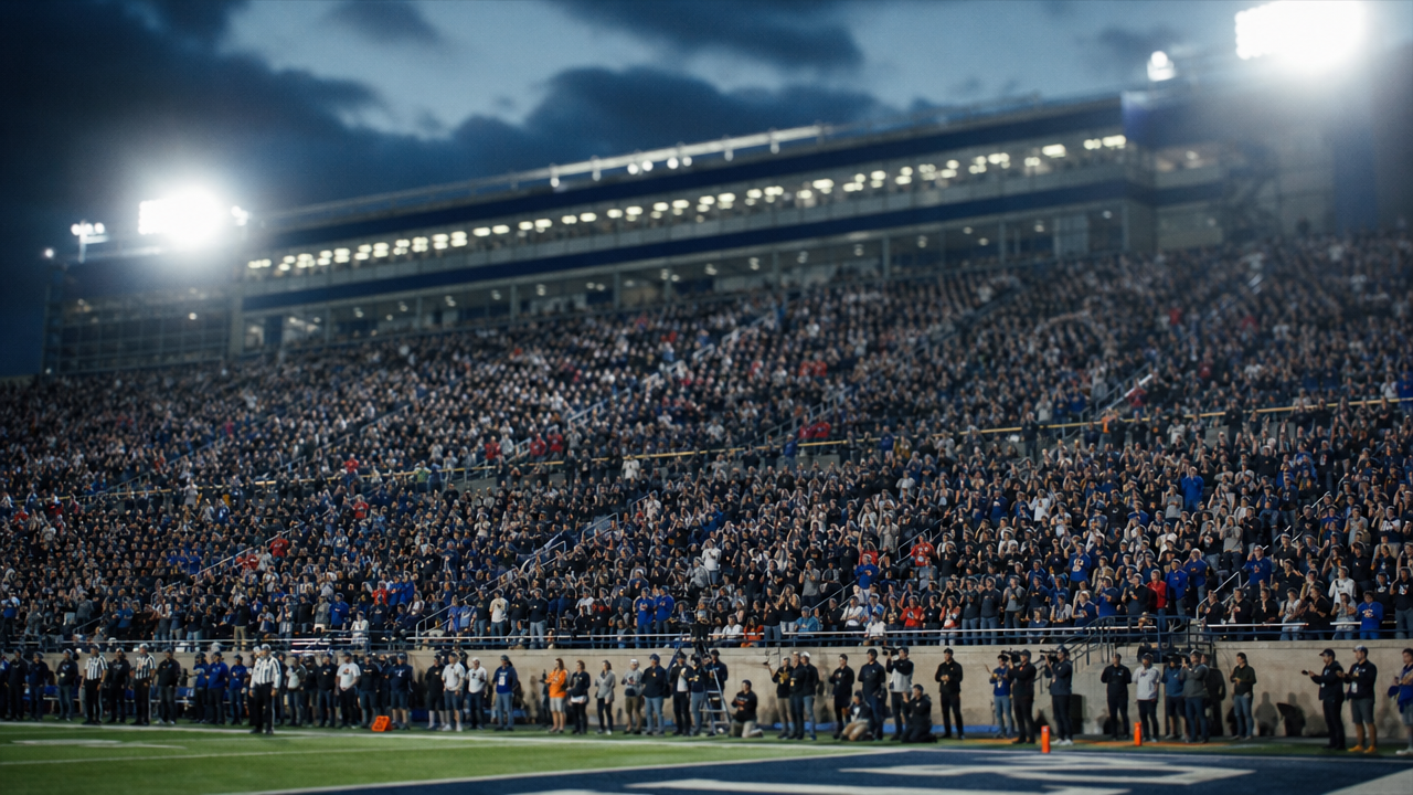 Crowd gathered in a stadium under the lights for live sports coverage
