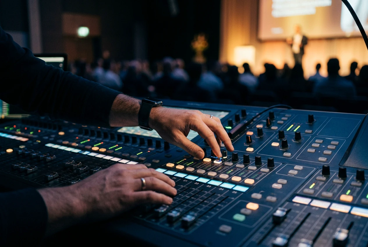 Broadcast audio mixing console at a live conference