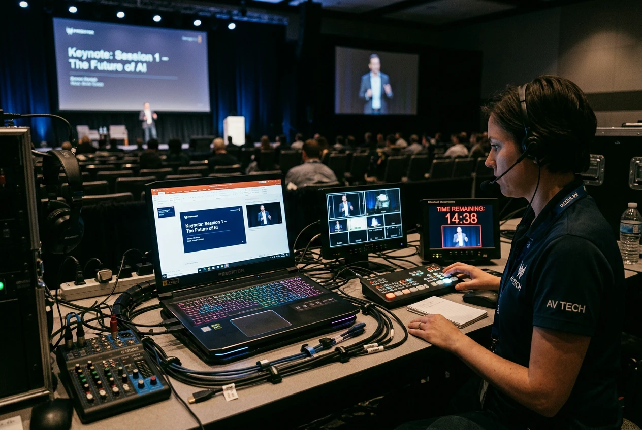 Conference AV control workstation with Predator laptop driving presentations