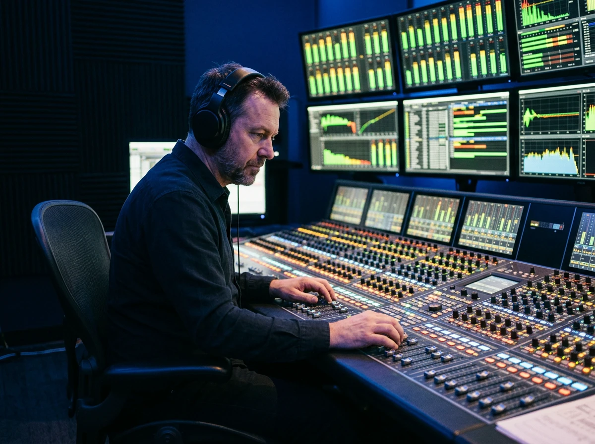 Broadcast audio engineer at a live mix console