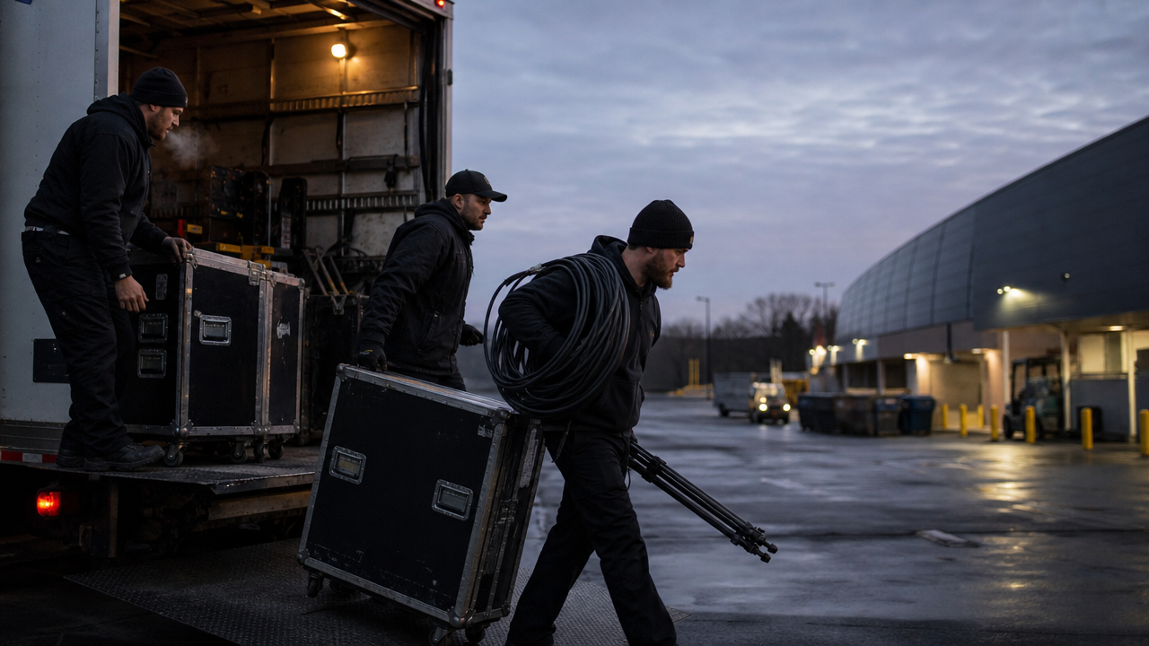 Broadcast crew loading road cases and cable off a truck at dusk behind an arena
