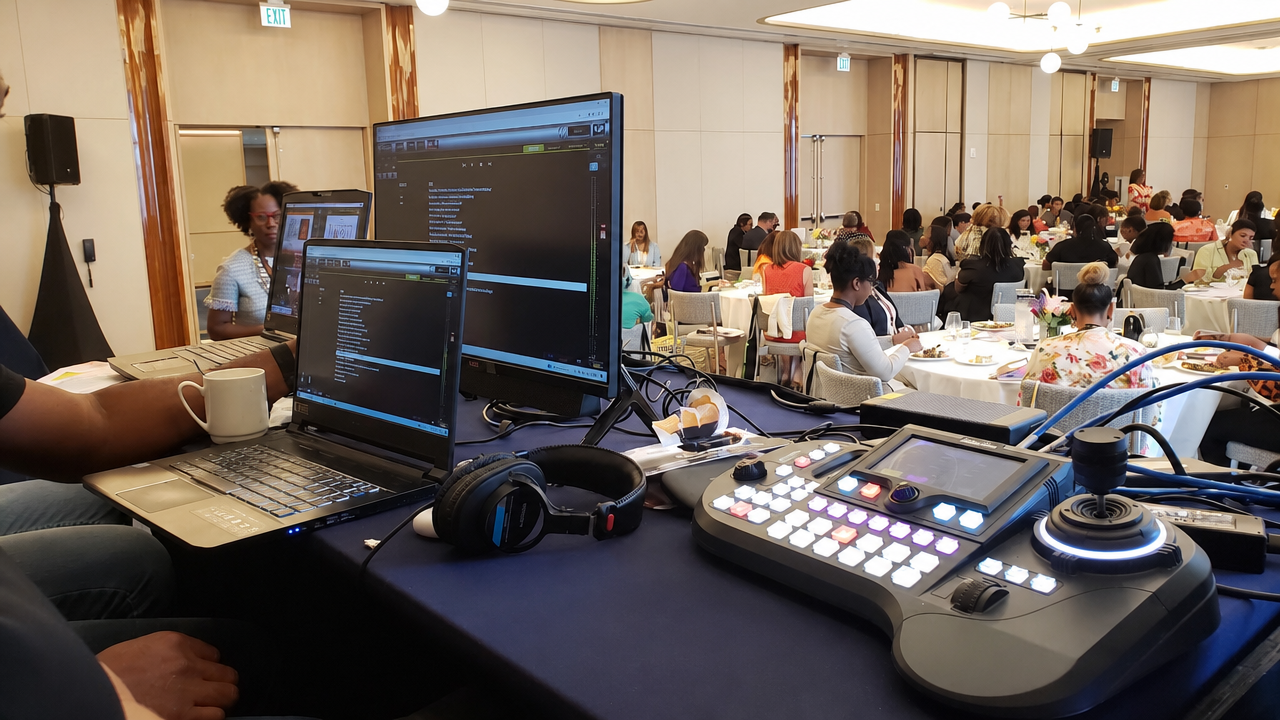 Live conference production control position with presentation and switching monitors
