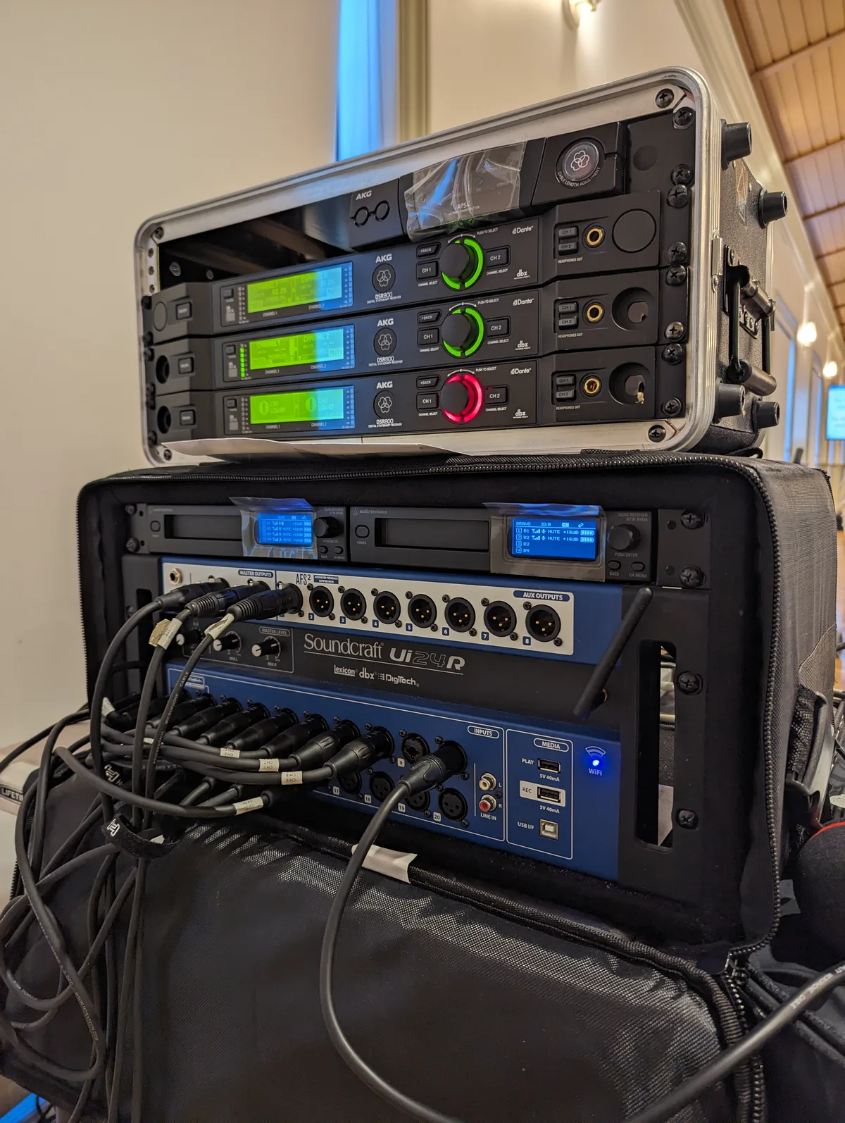 Portable audio and wireless equipment rack for live event production