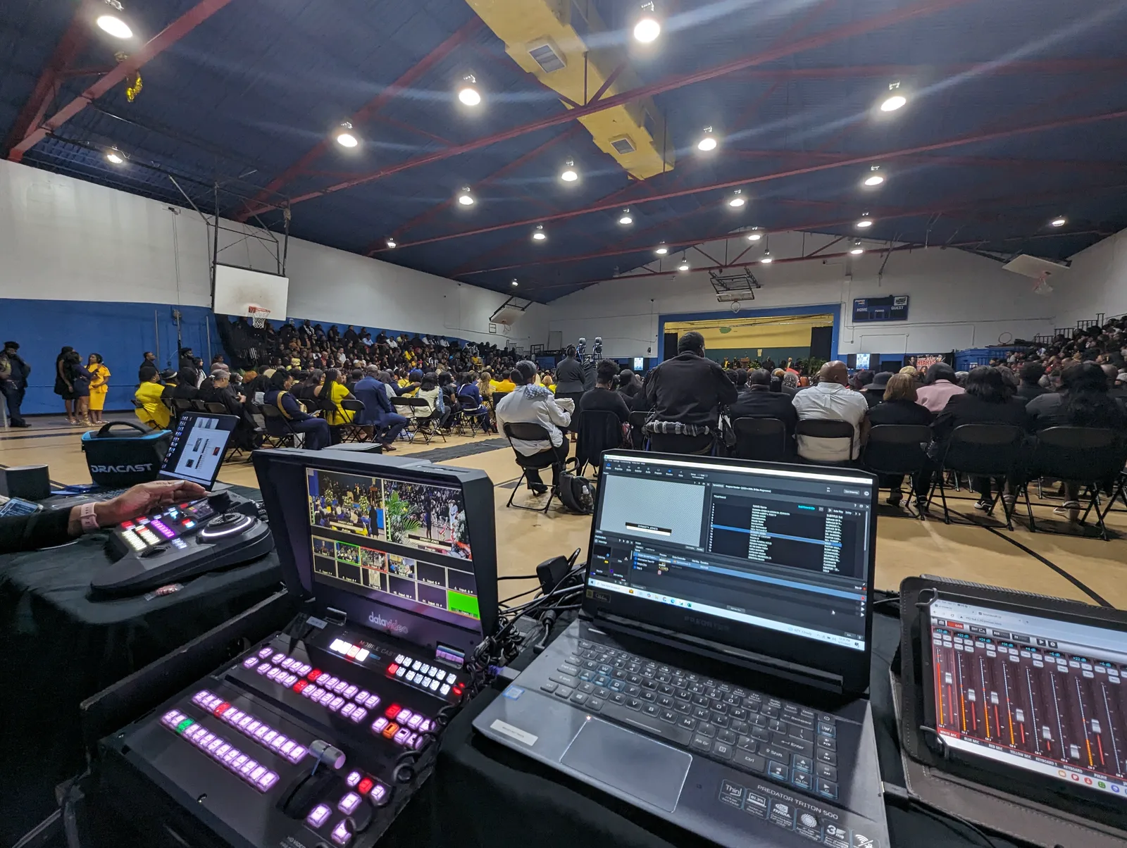 Flypack production position operating inside a live event venue