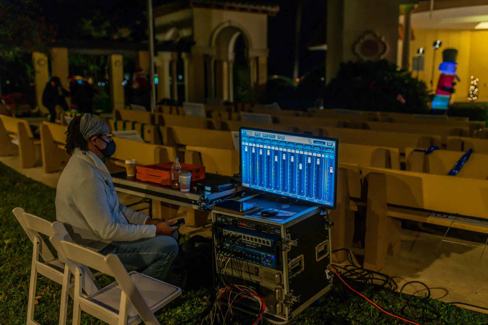 Portable Flypack control station with field audio and signal equipment at an outdoor event
