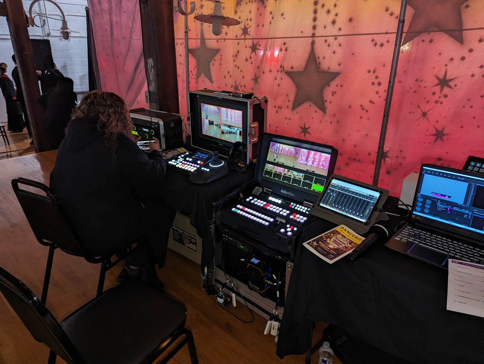 Flypack production workstation with video switchers, monitors, audio controls, and production equipment