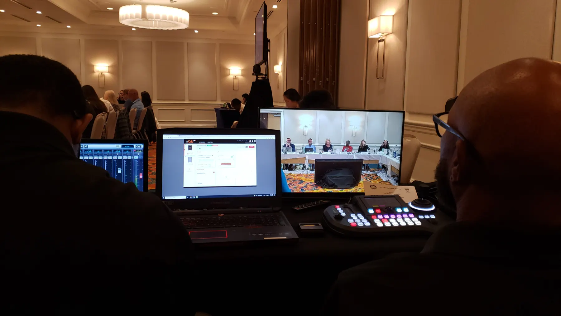 Primestar control position with laptop, switcher, and multiview at the Delray Beach Goal Setting Workshop