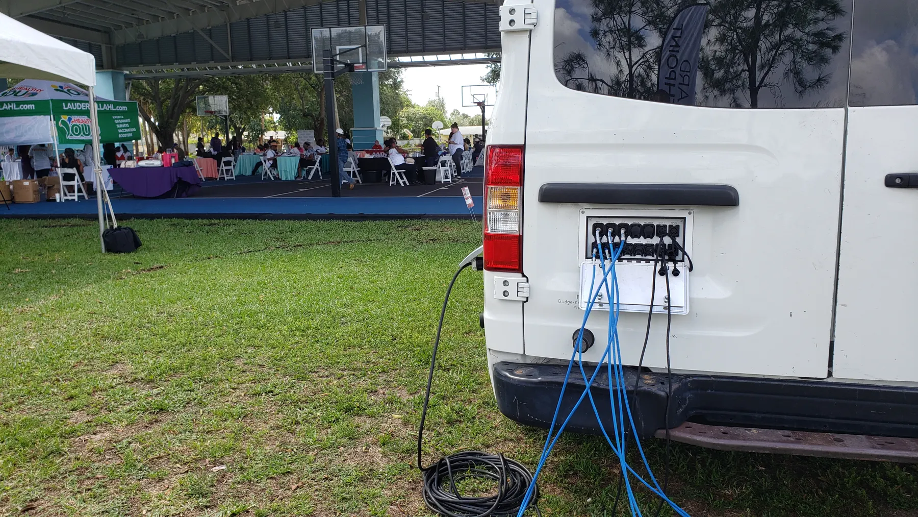 Camera cables connected to the rear panel of the Primestar broadcast truck in Lauderhill