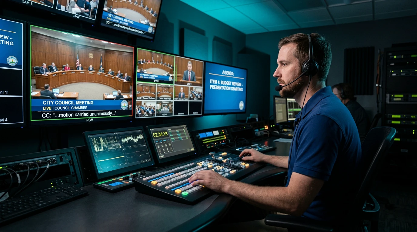 Primestar Digital Network broadcast control room operator switching a live city council meeting