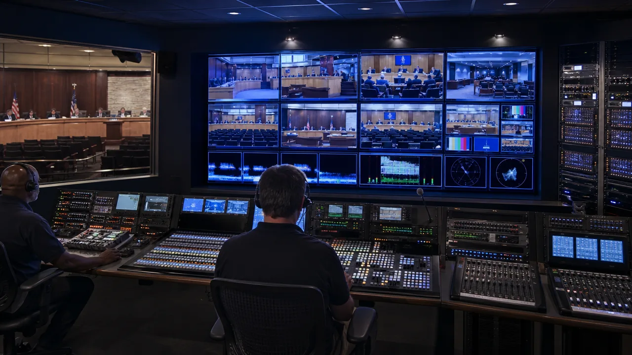 Professional television studio control room producing a live municipal broadcast