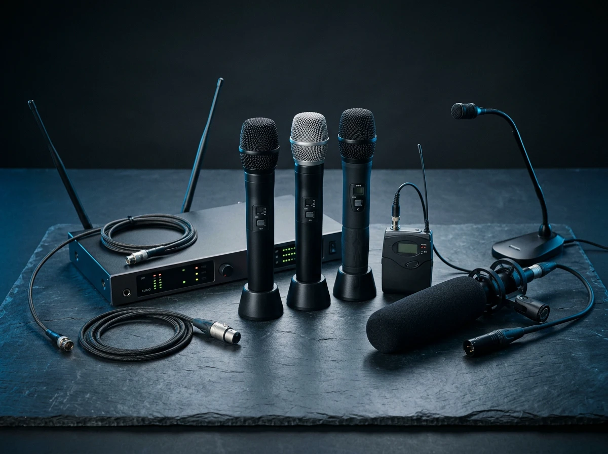 Professional wireless microphone systems and handheld broadcast microphones