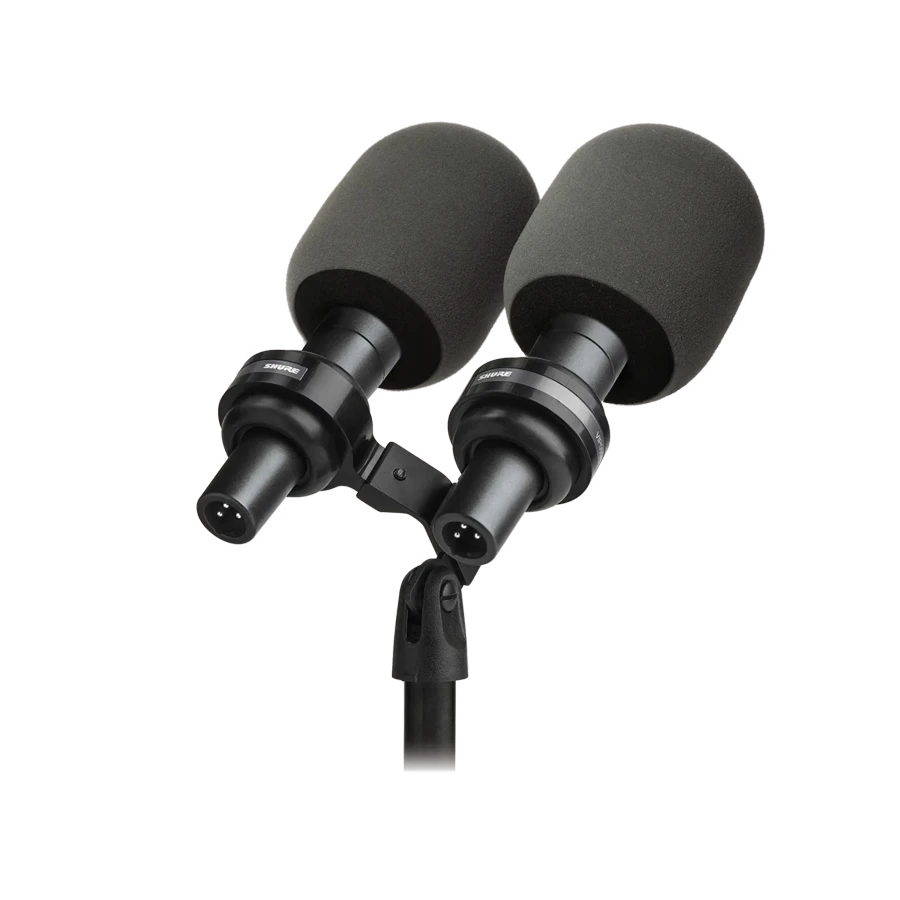 Shure SM57-VIP dual presidential lectern microphone setup with windscreens on a dual-mount bracket