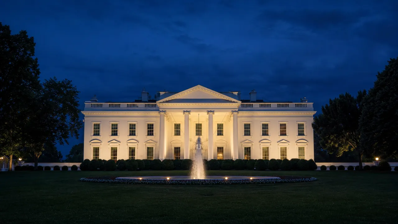 The White House in Washington, D.C., illuminated at dusk