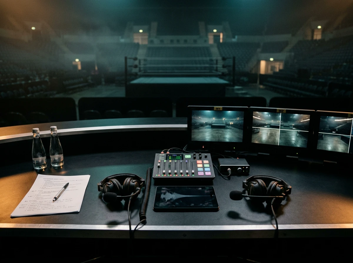 Wrestling broadcast commentary position with headsets, cough boxes, and production monitors